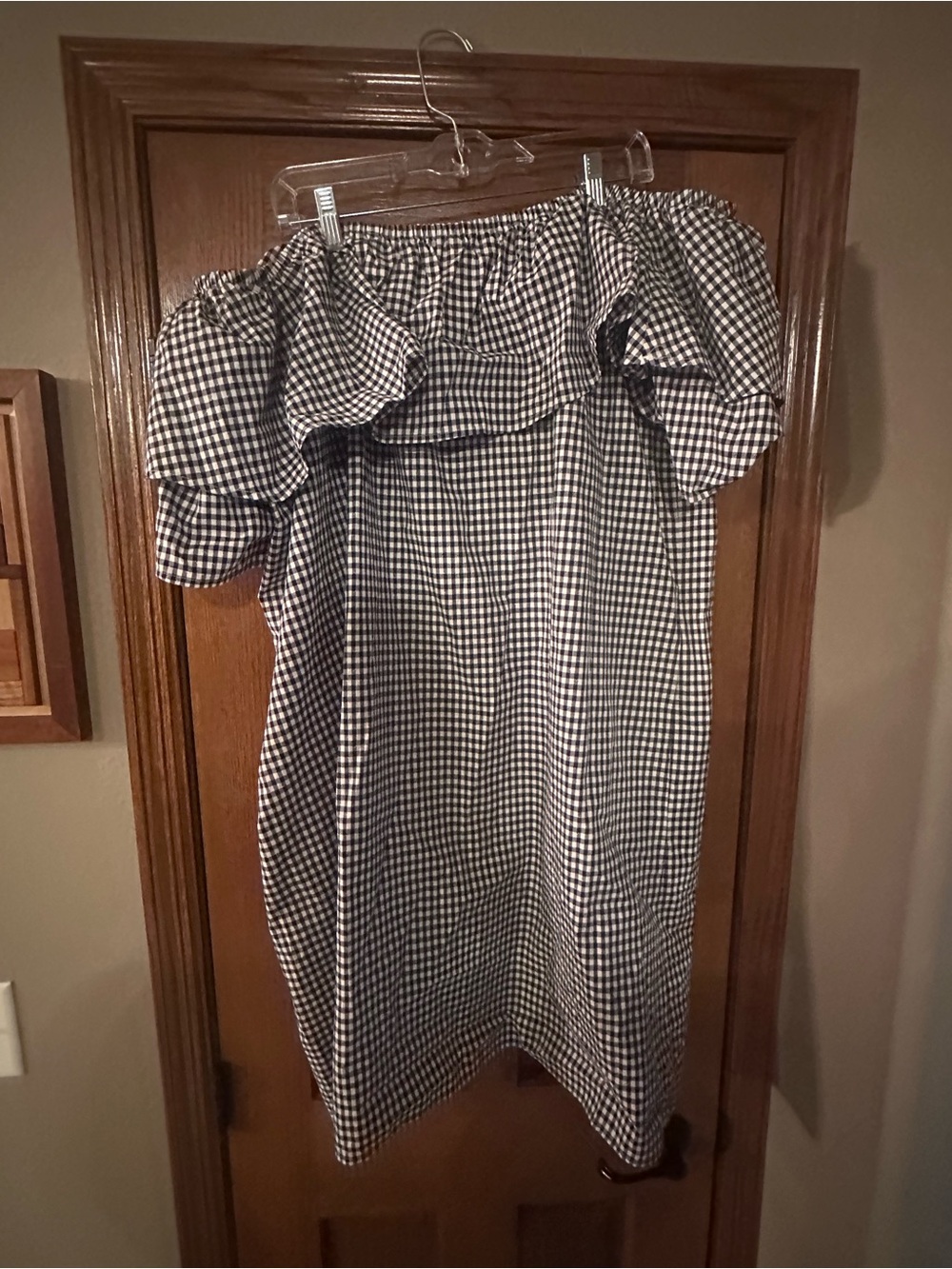 Tommy Hilfiger Navy and White Gingham Off-Shoulder Mini Dress